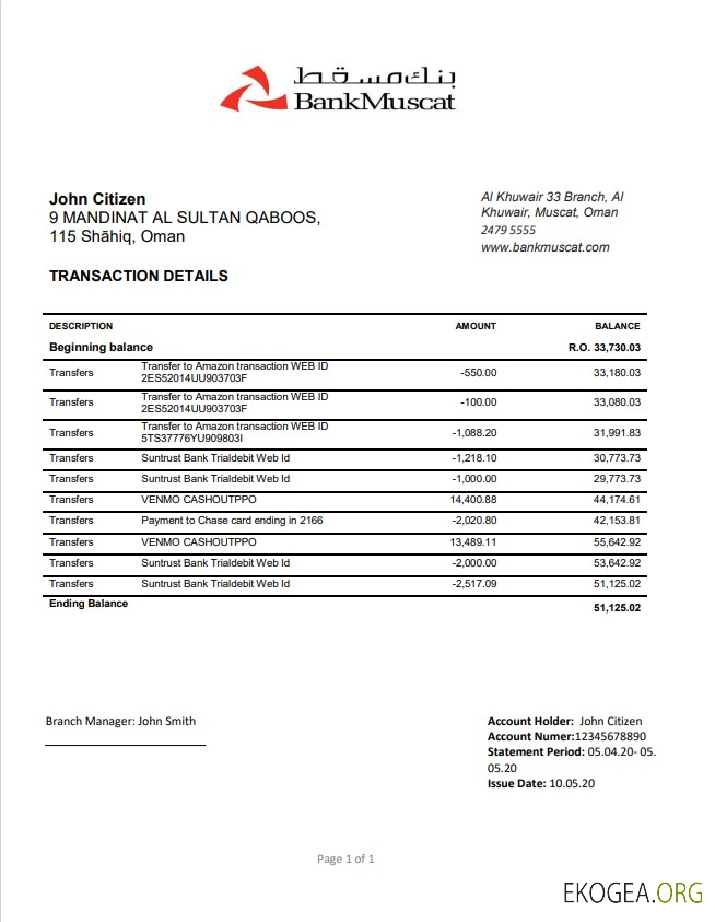 Oman Bank Muscat justificatif de domicile relevé bancaire